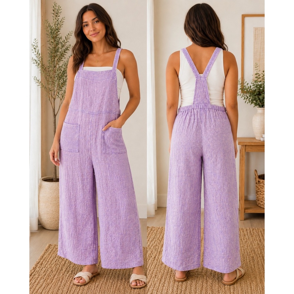 204. New Zenana Lavender Purple Gauze Wide Leg Overalls Textured Boho Jumpsuit